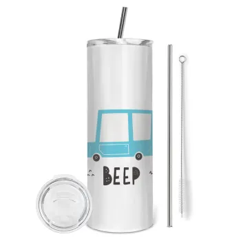 Car BEEP..., Tumbler ποτήρι θερμό από ανοξείδωτο ατσάλι 600ml, με μεταλλικό καλαμάκι & βούρτσα καθαρισμού