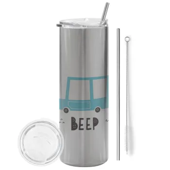 Car BEEP..., Tumbler ποτήρι θερμό Ασημένιο από ανοξείδωτο ατσάλι 600ml, με μεταλλικό καλαμάκι & βούρτσα καθαρισμού
