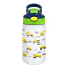 Car construction, Children's hot water bottle, stainless steel, with safety straw, green, blue (350ml)