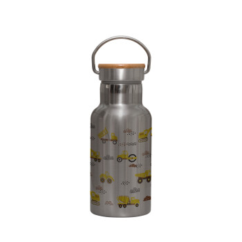 Car construction, Stainless steel metallic thermos flask, silver with a bamboo lid, double-walled, 350ml.