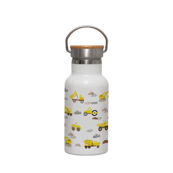 Αμαξάκια φορτωτές και μπουλντόζες, Μεταλλικό παγούρι θερμός (Stainless steel) Λευκό με ξύλινο καπακι (bamboo), διπλού τοιχώματος, 350ml