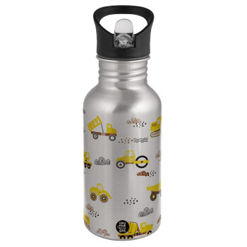 Car construction, Water bottle Silver with straw, stainless steel 500ml