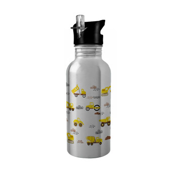 Car construction, Water bottle Silver with straw, stainless steel 600ml