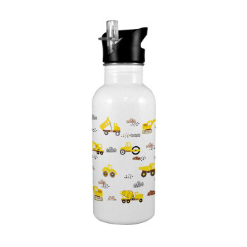 Car construction, White water bottle with straw, stainless steel 600ml