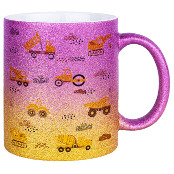 Αμαξάκια φορτωτές και μπουλντόζες, Κούπα Χρυσή/Ροζ Glitter, κεραμική, 330ml