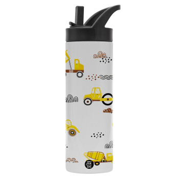 Car construction, Metallic thermos bottle with straw & handle, stainless steel (Stainless steel 304), double-walled, 600ml.
