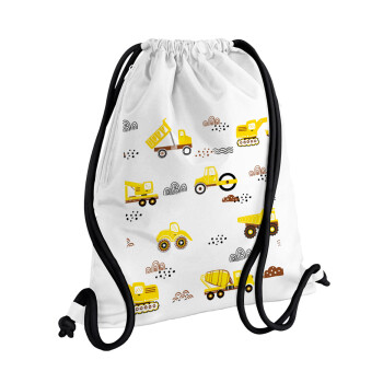 Car construction, Backpack pouch GYMBAG white, with pocket (40x48cm) & thick cords