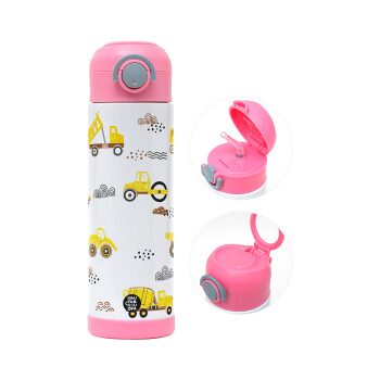 Car construction, Children's hot water bottle, stainless steel, with safety straw, PINK (500ml)