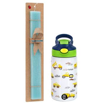 Car construction, Easter Set, Children's thermal stainless steel bottle with safety straw, green/blue (350ml) & aromatic flat Easter candle (30cm) (TURQUOISE)