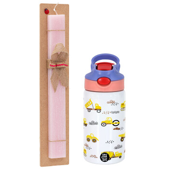Car construction, Easter Set, Children's thermal stainless steel water bottle with safety straw, pink/purple (350ml) & Easter scented flat candle (30cm) (PINK)