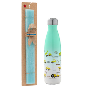 Car construction, Easter Set, Metallic green/white thermos (Stainless steel), double-walled, 500ml & scented flat Easter candle (30cm) (TURQUOISE)