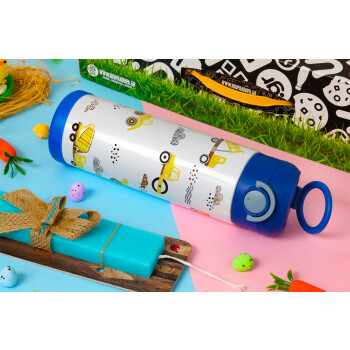 Car construction, Easter candle, Childrens hot water bottle, stainless steel, with safety straw, BLUE (500ml)