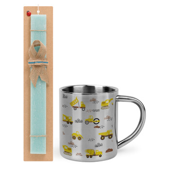 Car construction, Easter Set, metallic thermal cup (300ml) & aromatic flat Easter candle (30cm) (TURQUOISE)