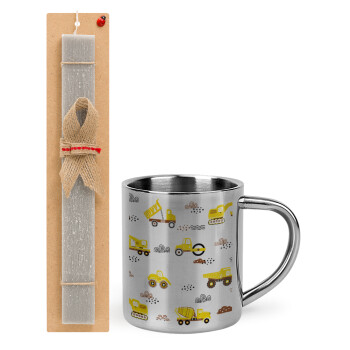 Car construction, Easter Set, metallic thermal cup (300ml) & Easter aromatic flat candle (30cm) (GRAY)