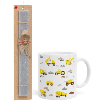 Car construction, Easter Set, Ceramic Cup (330ml) & Easter aromatic flat candle (30cm) (GRAY)