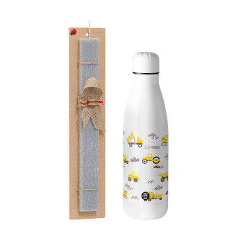 Car construction, Easter Set, metallic stainless thermos bottle (500ml) & scented flat Easter candle (30cm) (GRAY)