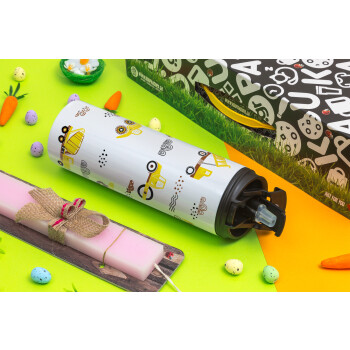 Car construction, Easter candle,Travel Tumbler 2 Lids, with metal straw & cleaning brush & aromatic flat candle (30cm) (PINK)