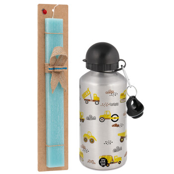 Car construction, Easter Set, metallic silver aluminum water bottle (500ml) & scented flat Easter candle (30cm) (TURQUOISE)