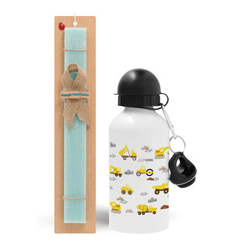 Car construction, Easter Set, metallic aluminum water bottle (500ml) & scented flat candle (30cm) (TURQUOISE)