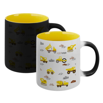 Αμαξάκια φορτωτές και μπουλντόζες, Κούπα Μαγική εσωτερικό κίτρινη, κεραμική 330ml που αλλάζει χρώμα με το ζεστό ρόφημα (1 τεμάχιο)