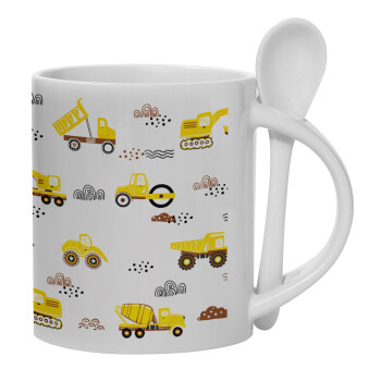 Car construction, Ceramic coffee mug with Spoon, 330ml (1pcs)