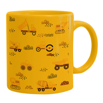 Car construction, Ceramic coffee mug yellow, 330ml (1pcs)