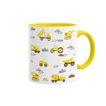 Αμαξάκια φορτωτές και μπουλντόζες, Κούπα χρωματιστή κίτρινη, κεραμική, 330ml