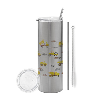 Car construction, Eco friendly stainless steel Silver tumbler 600ml, with metal straw & cleaning brush