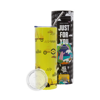 Car construction, Neon Yellow Travel Tumbler, with metal straw (Stainless steel 304 Food grade, BPA free, 600ml)
