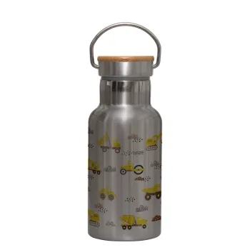 Car construction, Stainless steel metallic thermos flask, silver with a bamboo lid, double-walled, 350ml.