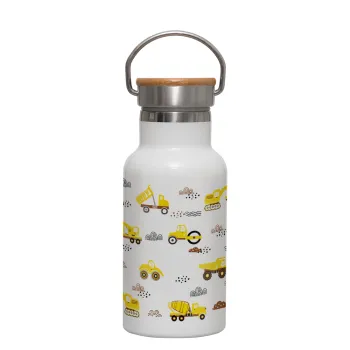 Car construction, Metallic thermos (Stainless steel) White with wooden lid (bamboo), double-walled, 350ml