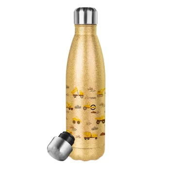 Car construction, Glitter gold stainless steel thermos bottle, double-walled, 500ml