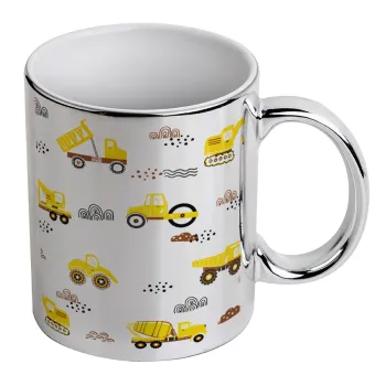 Αμαξάκια φορτωτές και μπουλντόζες, Κούπα κεραμική, ασημένια καθρέπτης, 330ml