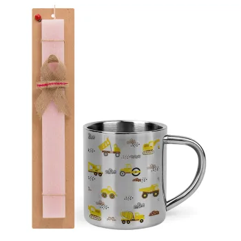 Car construction, Easter Set, metallic thermal cup (300ml) & aromatic flat Easter candle (30cm) (PINK)
