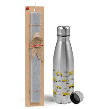 Car construction, Easter Set, metallic Inox water bottle (750ml) & aromatic flat Easter candle (30cm) (GRAY)