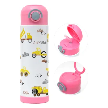 Car construction, Children's hot water bottle, stainless steel, with safety straw, PINK (500ml)