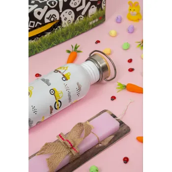 Αμαξάκια φορτωτές και μπουλντόζες, Πασχαλινή Λαμπάδα με παγούρι μεταλλικό (620ml, stainless steel) & κερί αρωματικό πλακέ (30cm) (ΡΟΖ)