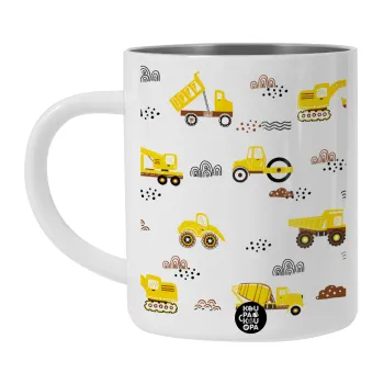 Αμαξάκια φορτωτές και μπουλντόζες, Λευκή Ανοξείδωτη Μεταλλική Κούπα 450ml - Διπλού Τοιχώματος 