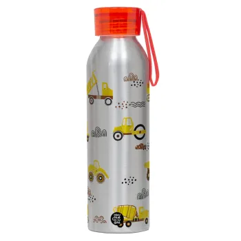 Αμαξάκια φορτωτές και μπουλντόζες, Αλουμινένιο Αθλητικό Μπουκάλι 650ml – Ασημί με Κόκκινο Καπάκι και Λουράκι Σιλικόνης