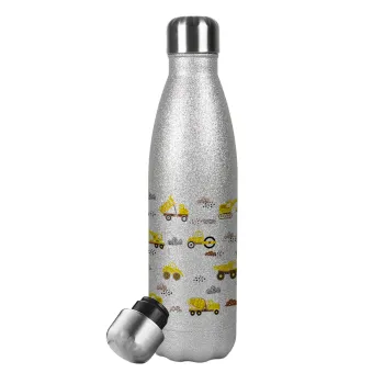 Car construction, Metallic Glitter Silver Thermos Flask (Stainless steel), double-walled, 500ml