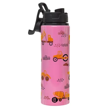 Αμαξάκια φορτωτές και μπουλντόζες, Μεταλλικό παγούρι νερού με καπάκι ασφαλείας, αλουμινίου 850ml