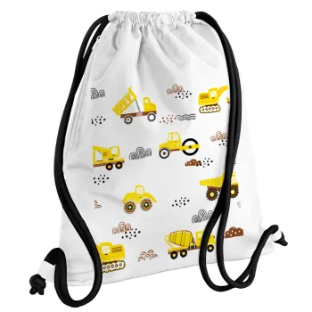 Car construction, Backpack pouch GYMBAG white, with pocket (40x48cm) & thick cords