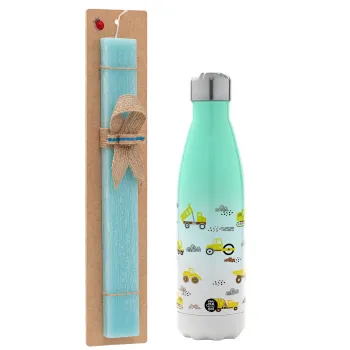 Car construction, Easter Set, Metallic green/white thermos (Stainless steel), double-walled, 500ml & scented flat Easter candle (30cm) (TURQUOISE)