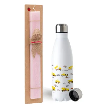 Car construction, Easter Set, metallic stainless steel water bottle (750ml) & scented flat Easter candle (30cm) (PINK)
