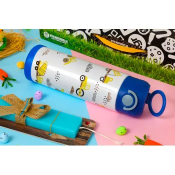Car construction, Easter candle, Childrens hot water bottle, stainless steel, with safety straw, BLUE (500ml)