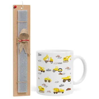 Car construction, Easter Set, Ceramic Cup (330ml) & Easter aromatic flat candle (30cm) (GRAY)