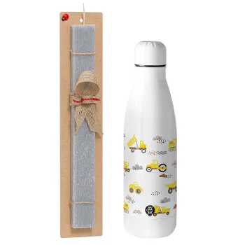 Car construction, Easter Set, metallic stainless thermos bottle (500ml) & scented flat Easter candle (30cm) (GRAY)