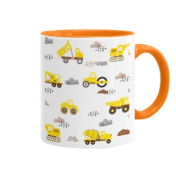 Car construction, Mug colored orange, ceramic, 330ml
