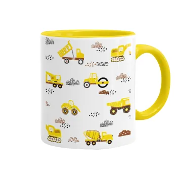 Αμαξάκια φορτωτές και μπουλντόζες, Κούπα χρωματιστή κίτρινη, κεραμική, 330ml