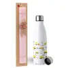 Easter Set, metallic stainless steel water bottle (750ml) & scented flat Easter candle (30cm) (PINK)
